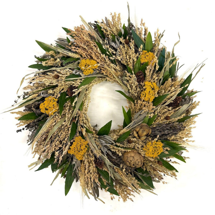 Rustic Harvest Wreath - Creekside Farms A soothing combination of grains, yarrow and herbs with mini artichokes wreath 20