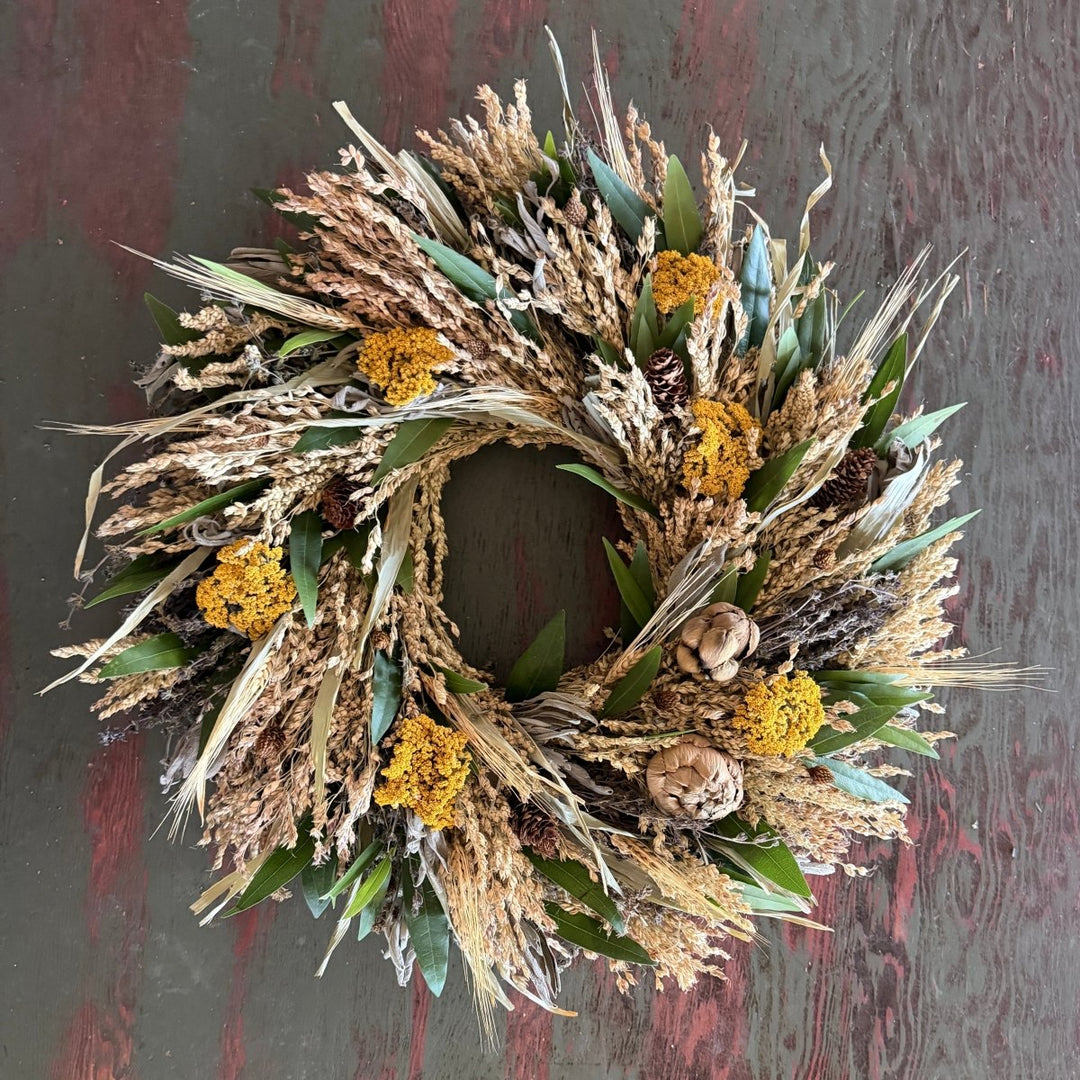 Rustic Harvest Wreath - Creekside Farms A soothing combination of grains, yarrow and herbs with mini artichokes wreath 20