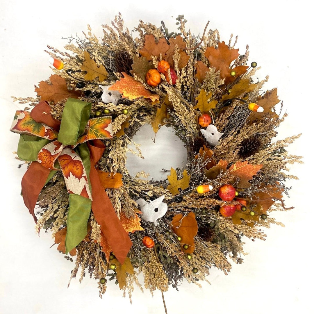 Rustling Leaves and Pumpkins Wreath - Creekside Farms Halloween wreath with playful ghosts, orange pumpkins on a base of autumn grains and leaves wreath 20"