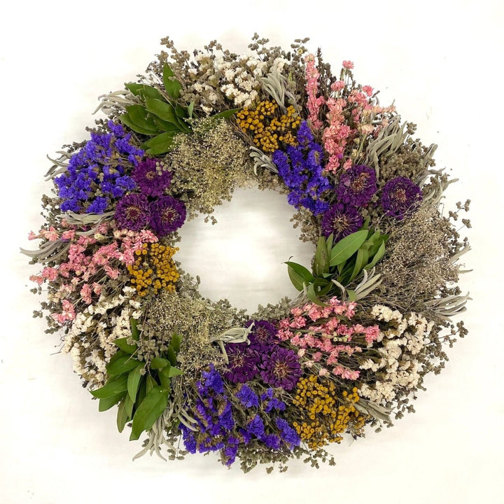 Spring Awakening Wreath - Creekside Farms Mixture of tansy, monarda, zinnias, sage, marjoram, statice & Larkspur wreath 16" & 22"