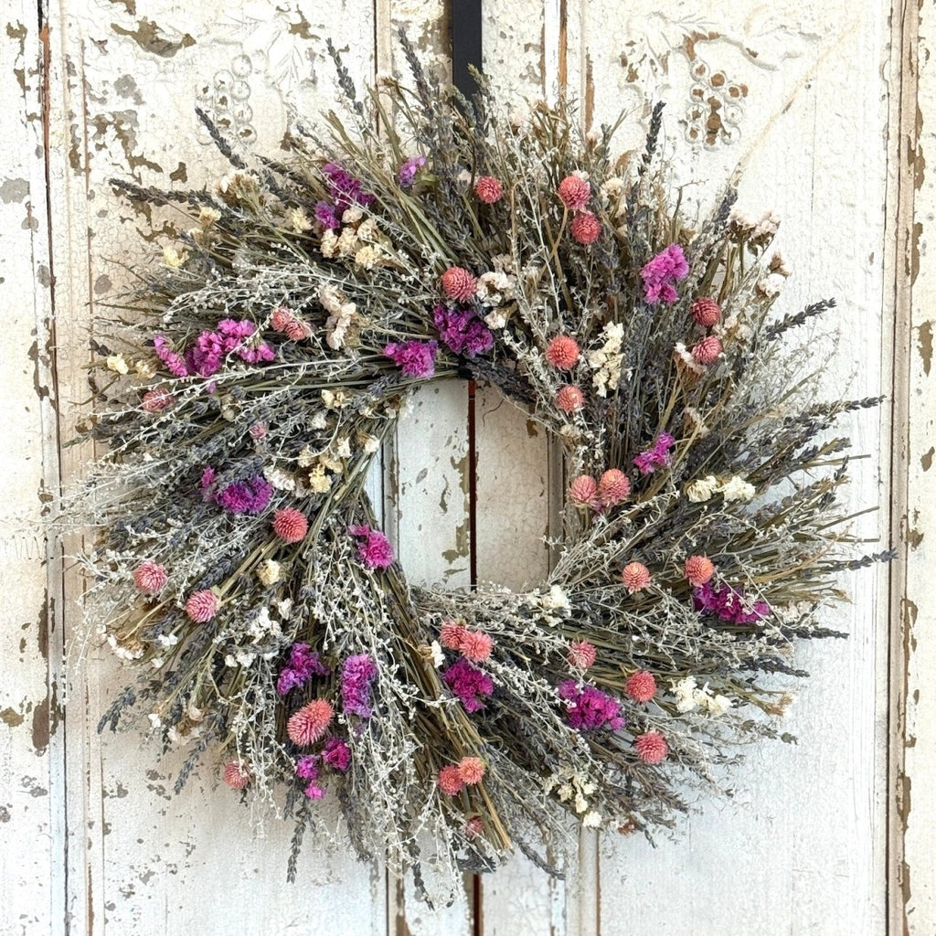 Spring Blooms Wreath - Creekside Farms Lovely combination of dried lavender and pink and white florals wreath 18"