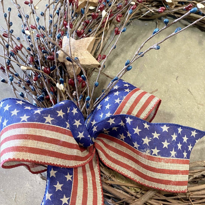 Stars and Stripes Wreath - Creekside Farms 4th of July twig wreath decorated with wooden stars and faux berries 16"