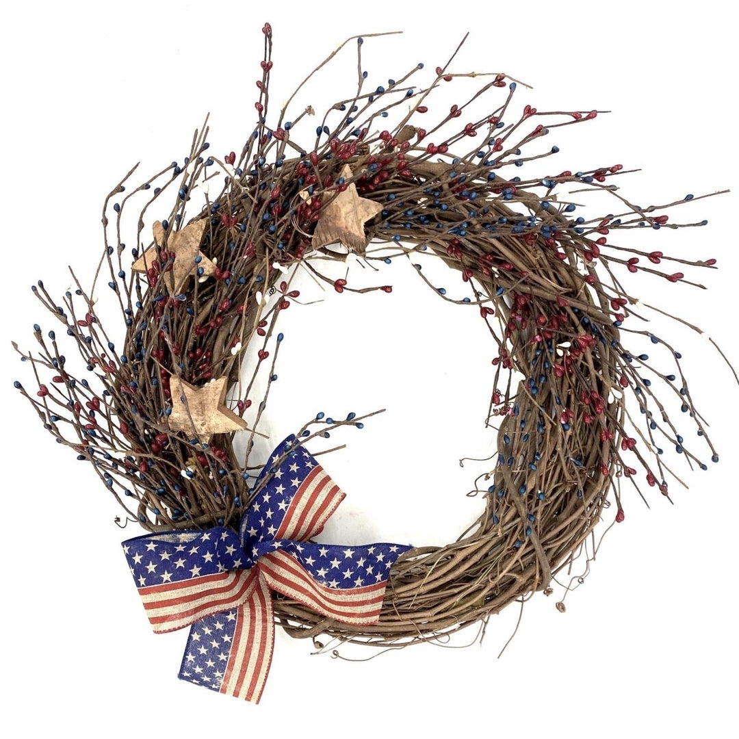 Stars and Stripes Wreath - Creekside Farms 4th of July twig wreath decorated with wooden stars and faux berries 16"