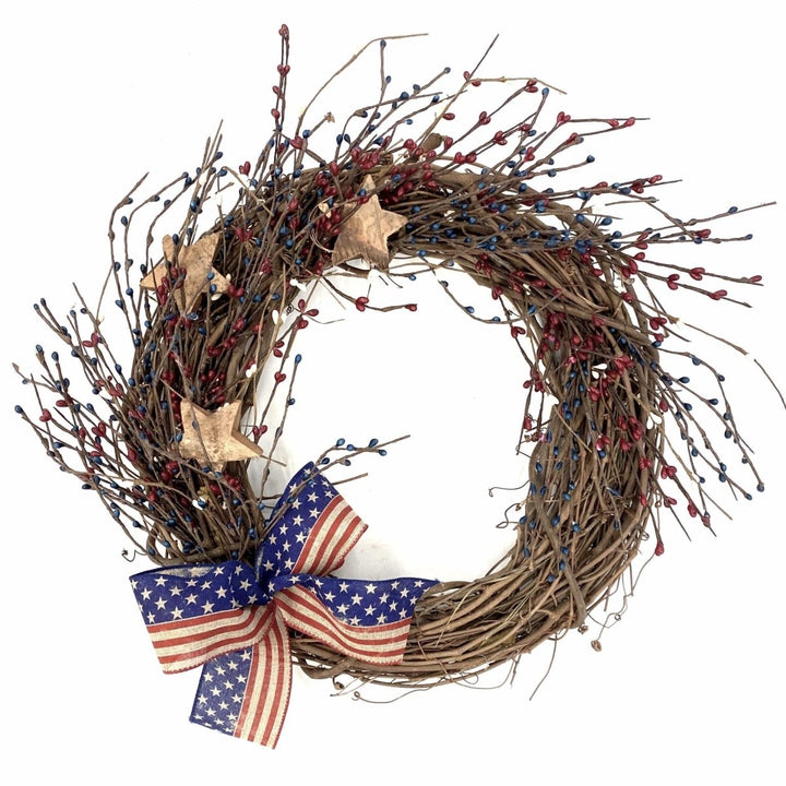 Stars and Stripes Wreath - Creekside Farms 4th of July twig wreath decorated with wooden stars and faux berries 16"