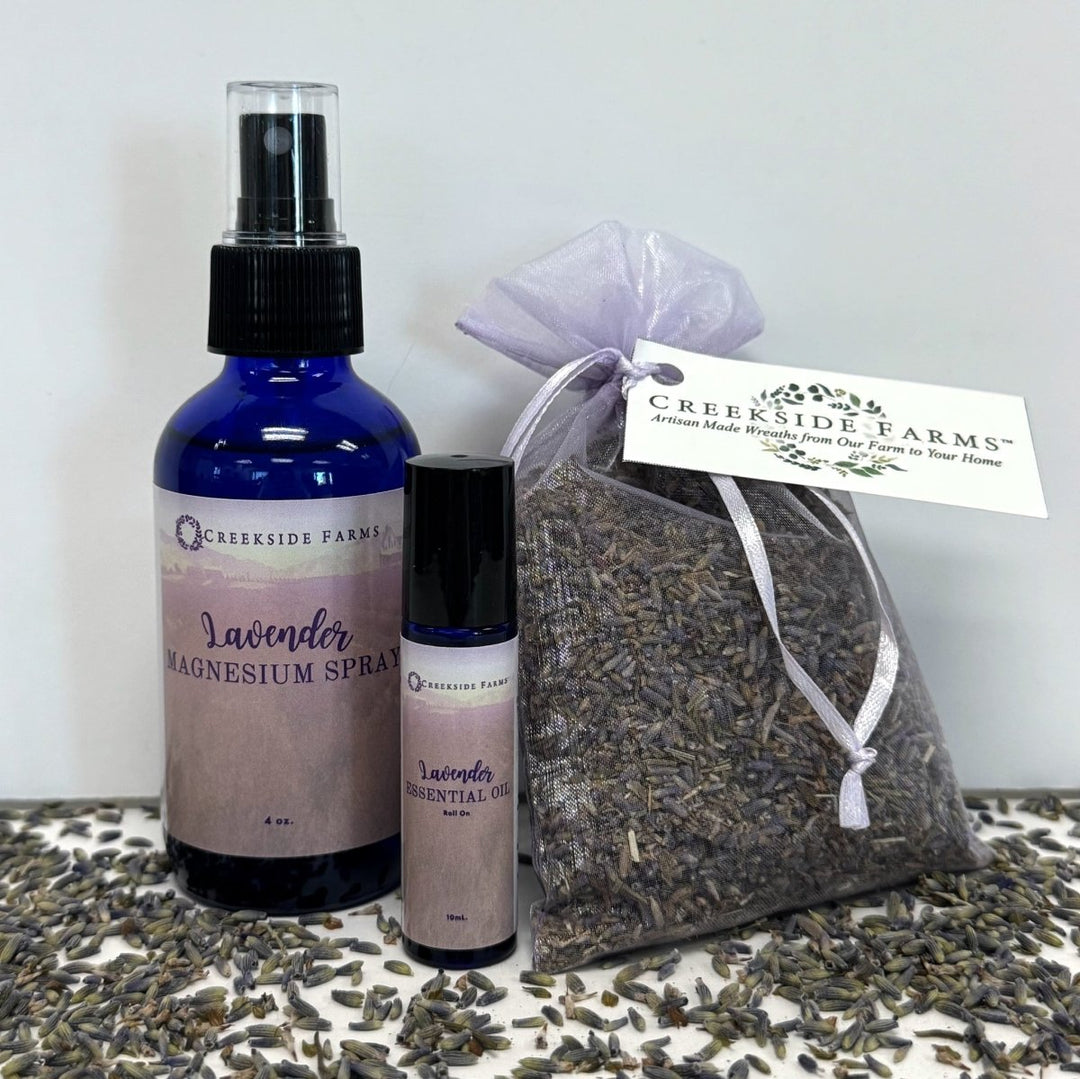 The Everyday Calm Set - Creekside Farms Lavender magnesium spray and roll - on oil with lavender sachet 4oz & 10ml