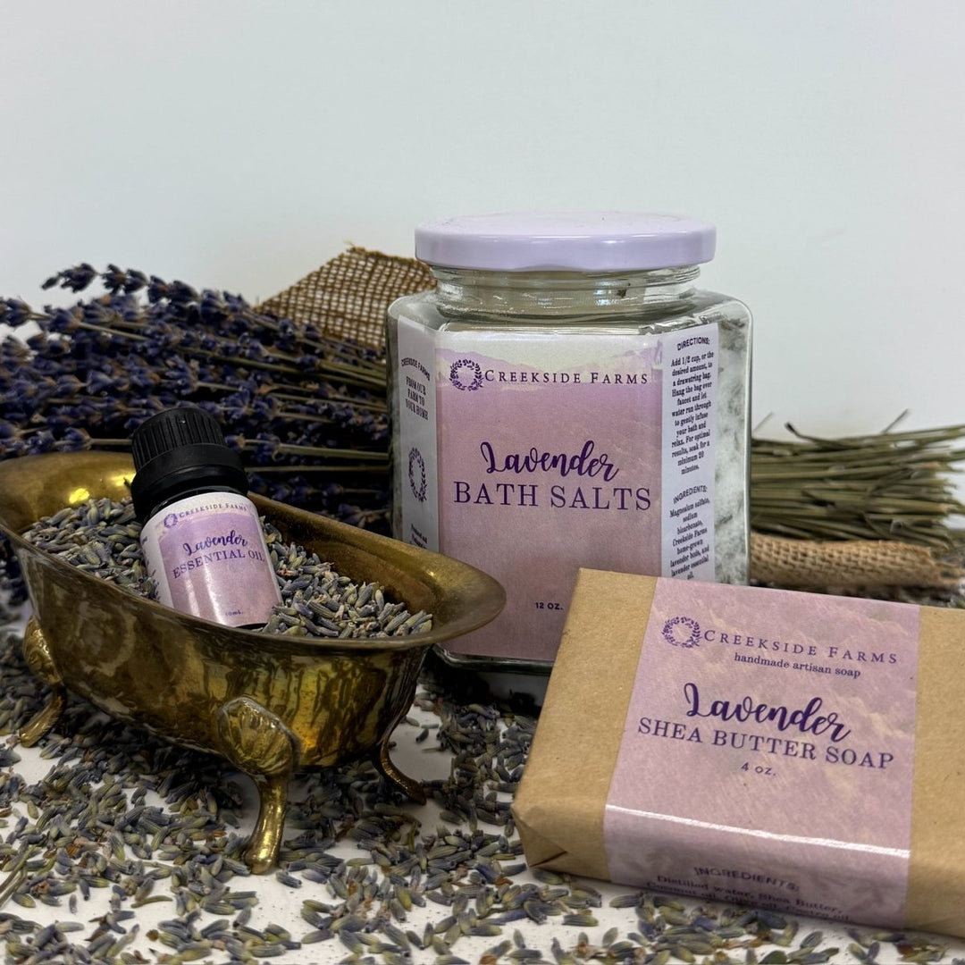 Unwind with Lavender Set - Creekside Farms Calming Set includes Lavender Bath Salts, Lavender Soap, and Lavender Essential Oil