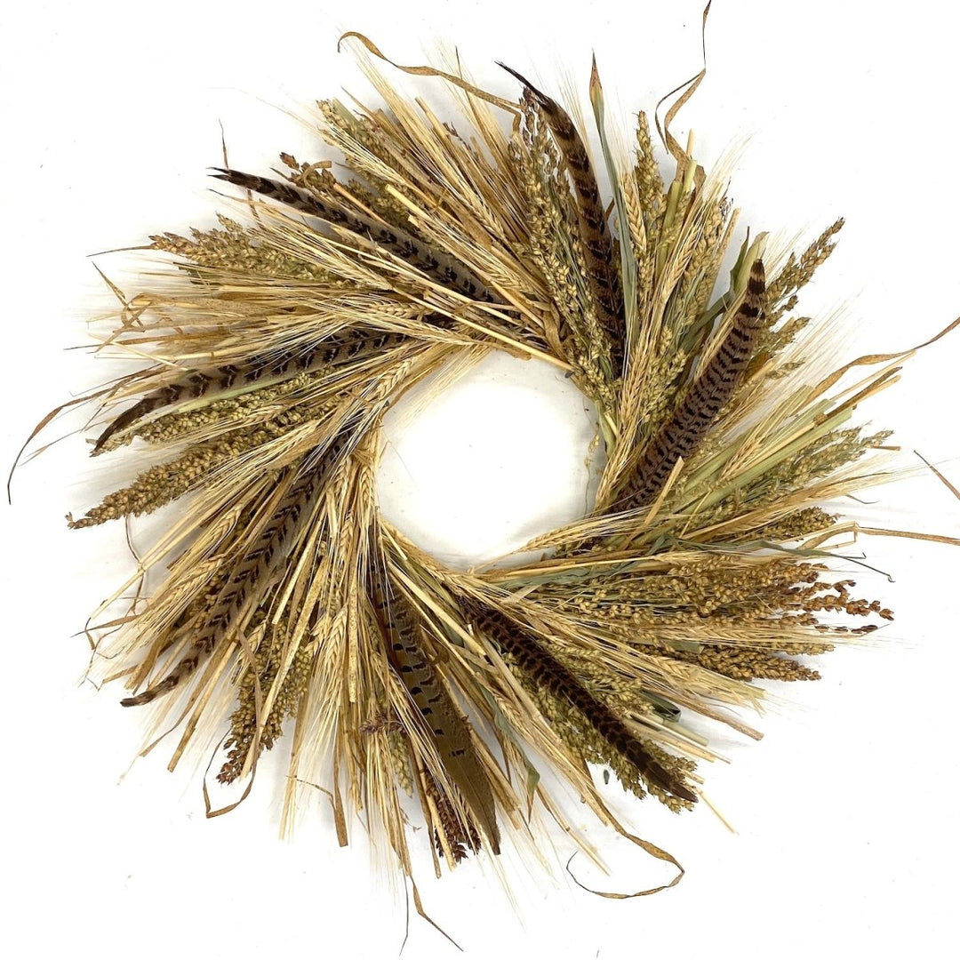 Wheat and Feather Wreath - Creekside Farms Wonderful combination of air dried natural grasses and grains and accented with feathers wreath 20"