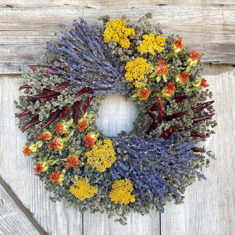 Aromatic Herb Wreath - Creekside Farms Colorful dried yarrow, lavender, safflower, savory and chilies wreath 15"