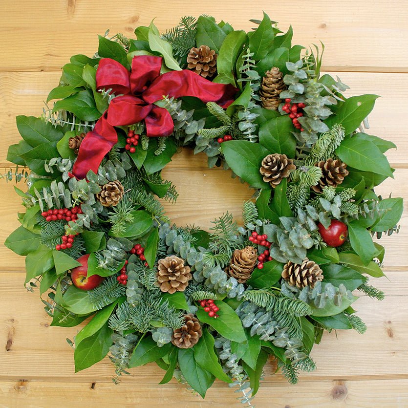 Apple Berry Wreath - Creekside Farms Fresh salal, eucalyptus and fir with faux red apples, pine cones and canella berries wreath 22"
