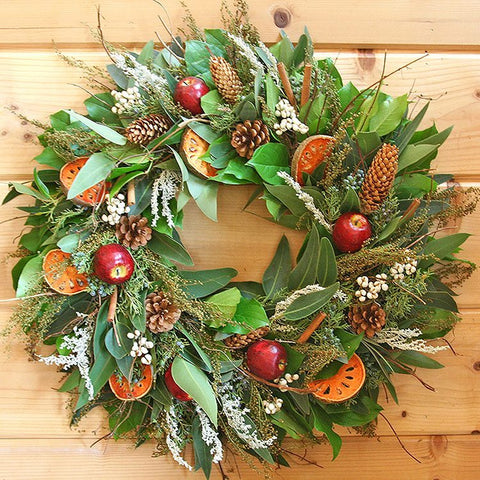 Apple Quince Wreath - Creekside Farms Lovely combination of fresh eucalyptus, salal, juniper, and dried quince, artemisia, berries, pine cones & sweet annie wreath 22"