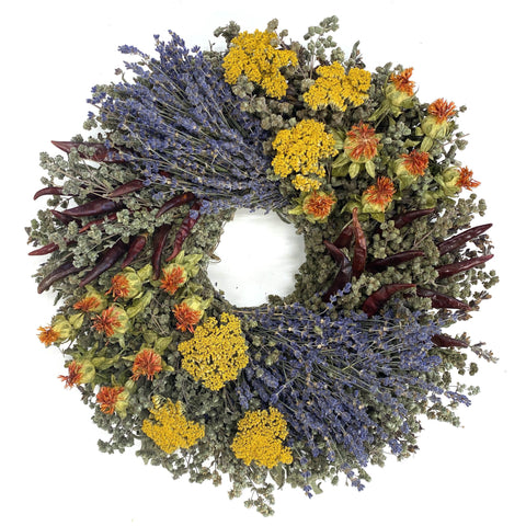 Aromatic Herb Wreath - Creekside Farms Colorful dried yarrow, lavender, safflower, savory and chilies wreath 15"