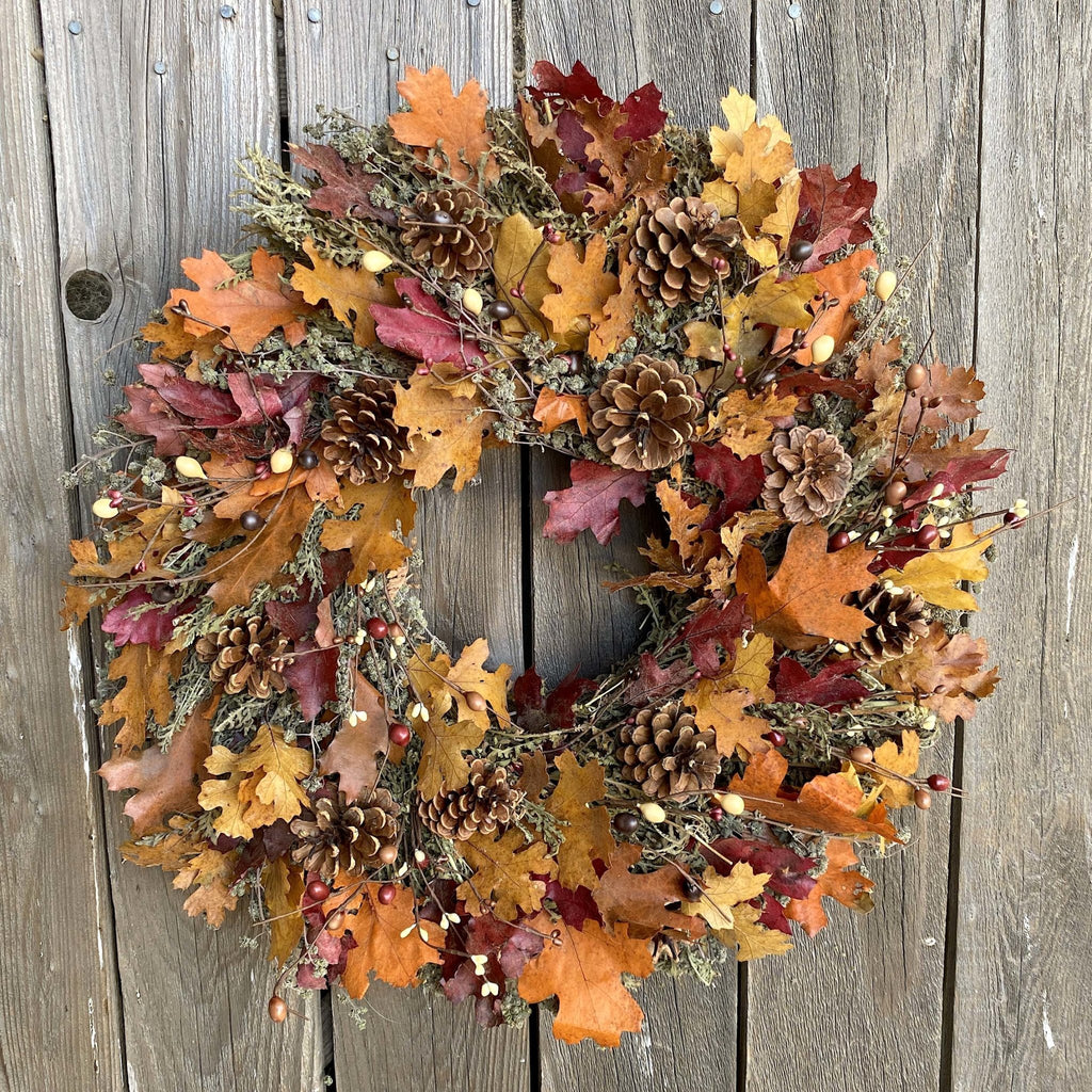 Autumn Blaze Wreath - Creekside Farms Wonderful combination of mixed fall leaves and natural herbs topped with pinecones and berries wreath 22"