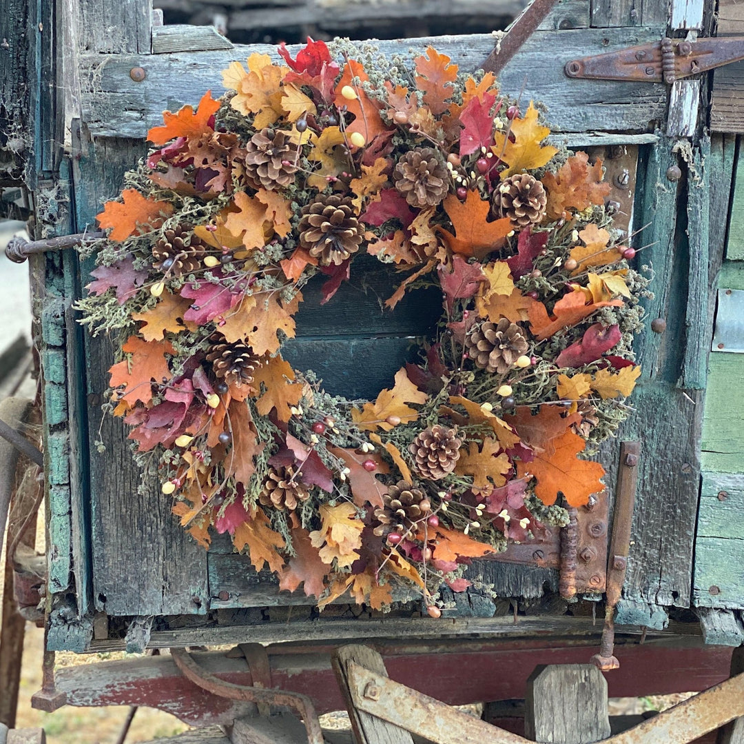 Autumn Blaze Wreath - Creekside Farms Wonderful combination of mixed fall leaves and natural herbs topped with pinecones and berries wreath 22"