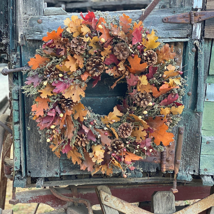 Autumn Blaze Wreath - Creekside Farms Wonderful combination of mixed fall leaves and natural herbs topped with pinecones and berries wreath 22"