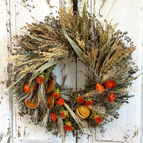 Autumn Citrus and Grains Wreath, Array of natural grasses with colorful slit oranges, safflower, quince slices & lanterns wreath 18"