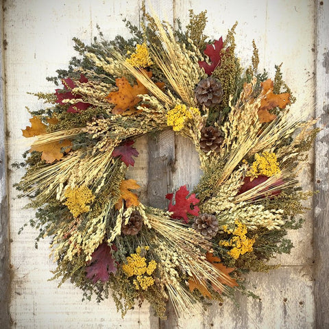 Autumn Harvest Wreath - Creekside Farms Gorgeous yarrow, pine cones, broom corn, grains, sweet Annie & leaves dried wreath 18"
