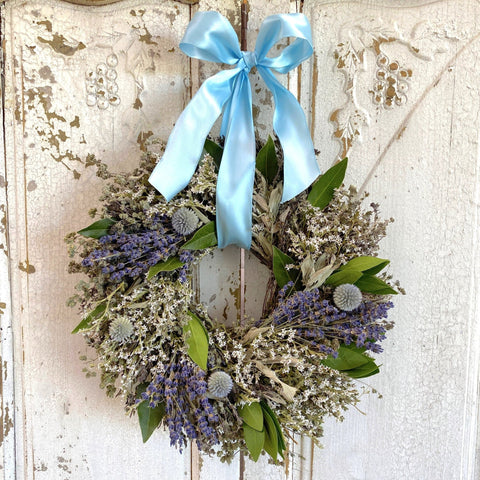 Baby Boy Wreath - Creekside Farms Lovely dried herbs, lavender, blue thistles, statice and fresh bay wreath 10"