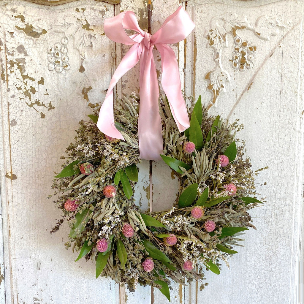 Baby Girl Wreath - Creekside Farms Sweet dried herbs, Pink globes, white statice and fresh bay wreath 10"