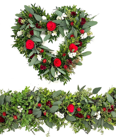 Be My Valentine Heart Wreath - Creekside Farms Elegant mix of boxwood, eucalyptus, red florals and a touch of white statice heart wreath 16"