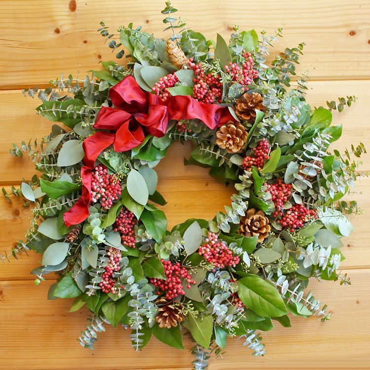 Berried Pine Cone Wreath - Creekside Farms Stunning fresh eucalyptus and salal with vibrant pepper berries and pine cones wreath 22"