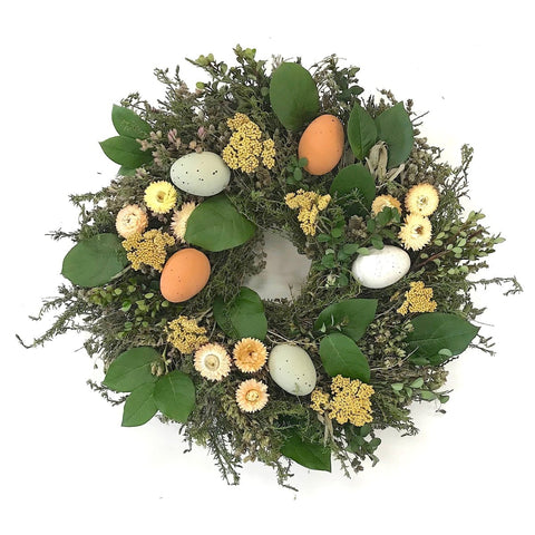 Botanical Egg Wreath - Creekside Farms Beautiful combination of fresh botanicals and dried herbs and flowers with realistic faux eggs wreath 18"