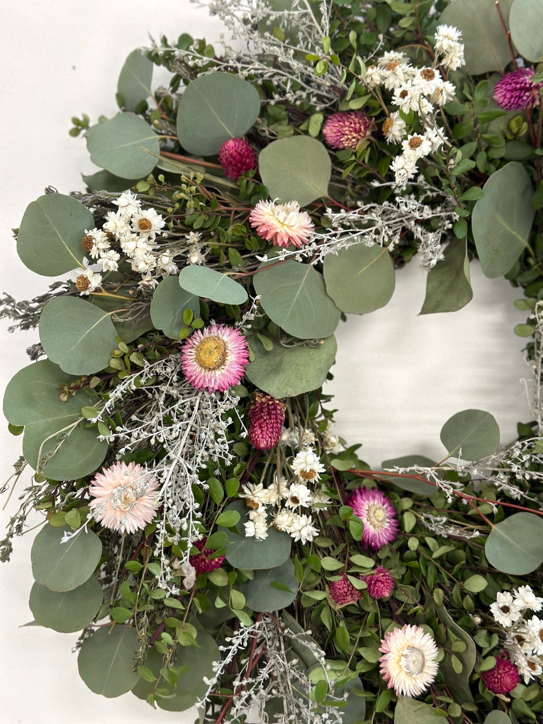 Botanical Spring Wreath - Creekside Farms Delightful combination of fresh greens and dried flowers wreath 18"