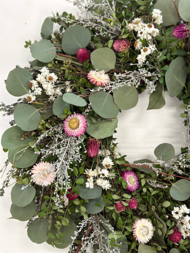 Botanical Spring Wreath - Creekside Farms Delightful combination of fresh greens and dried flowers wreath 18"