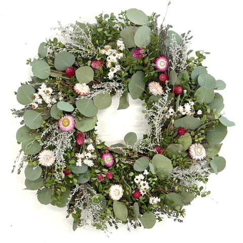 Botanical Spring Wreath - Creekside Farms Delightful combination of fresh greens and dried flowers wreath 18"