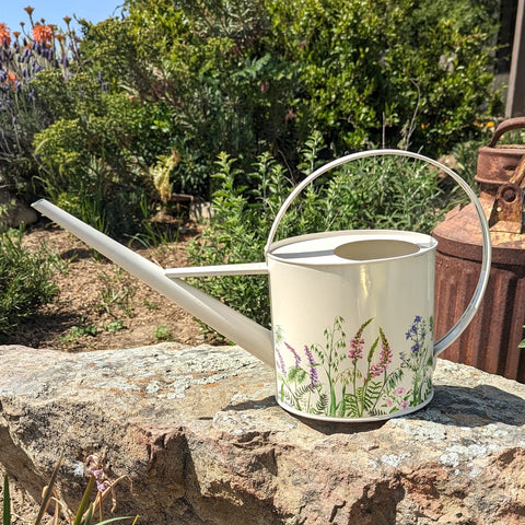 Botanical Watering Can Gift Set - Creekside Farms Functional botanical tin watering can that comes with two lavender bunches for decor. Holds 2 liters.