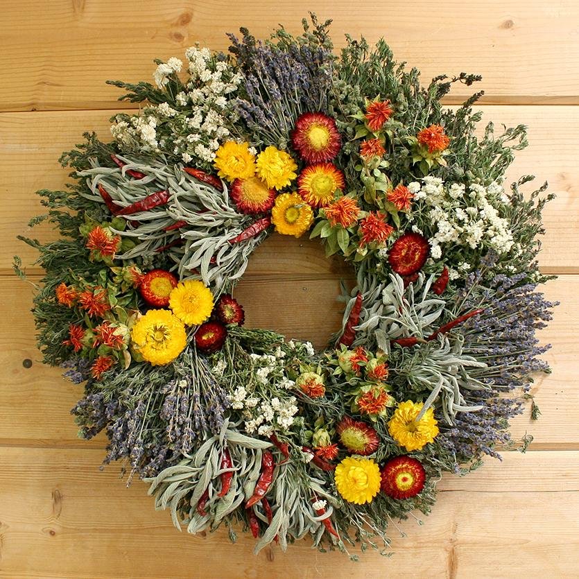 Bountiful Wreath - Creekside Farms A splendid combination of herbs and bright flowers make this cheerful wreath 18" or 22"