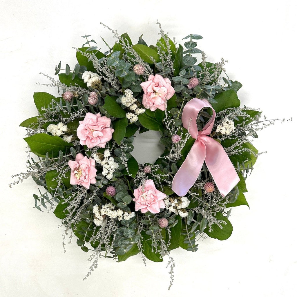 Breast Cancer Awareness Rose Wreath - Creekside Farms Made with fresh eucalyptus and salal leaves, pink paper roses and a pink wired ribbon, Awareness Wreath 16"