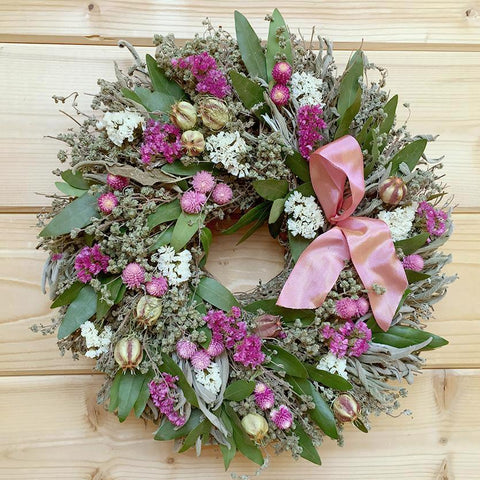 Breast Cancer Awareness Wreath - Creekside Farms Made with natural herbs and flowers and pink wired ribbon, Awareness Wreath 16"
