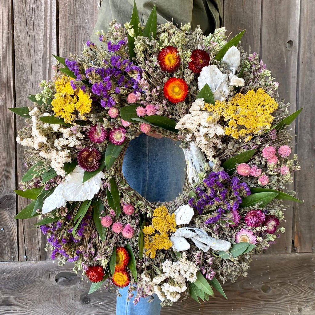 Burst of Flowers Wreath - Creekside Farms Handmade with yarrow, strawflowers, globe amaranth and statice wreath  in multiple sizes