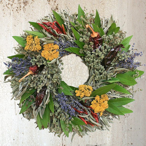 California Herb Wreath - Creekside Farms Stunning handmade wreath with dried lavender, yarrow and chilies, and fresh bay 16" or 22"