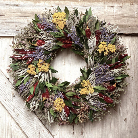 California Herb Wreath - Creekside Farms Stunning handmade wreath with dried lavender, yarrow and chilies, and fresh bay 16" or 22"