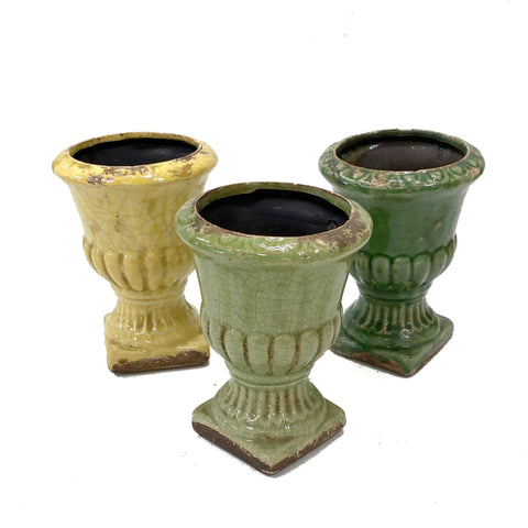 Ceramic Urns Pot Set - Creekside Farms Crackled glaze ceramic urn pots, succulents not included. Set of 3