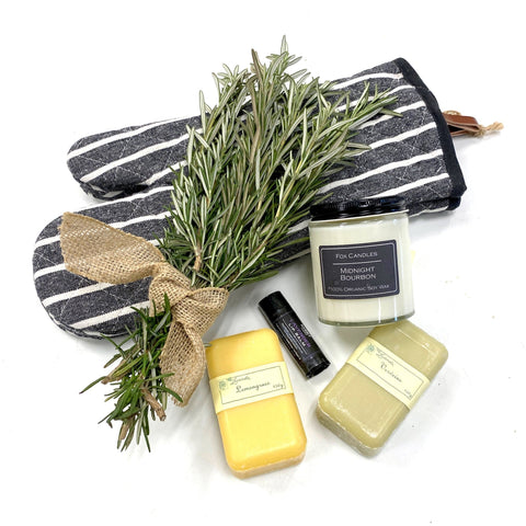 Chef's Kiss Gift Set - Creekside Farms Fresh rosemary bundle, BBQ mitts, soy candle, soaps and lip balm gift set