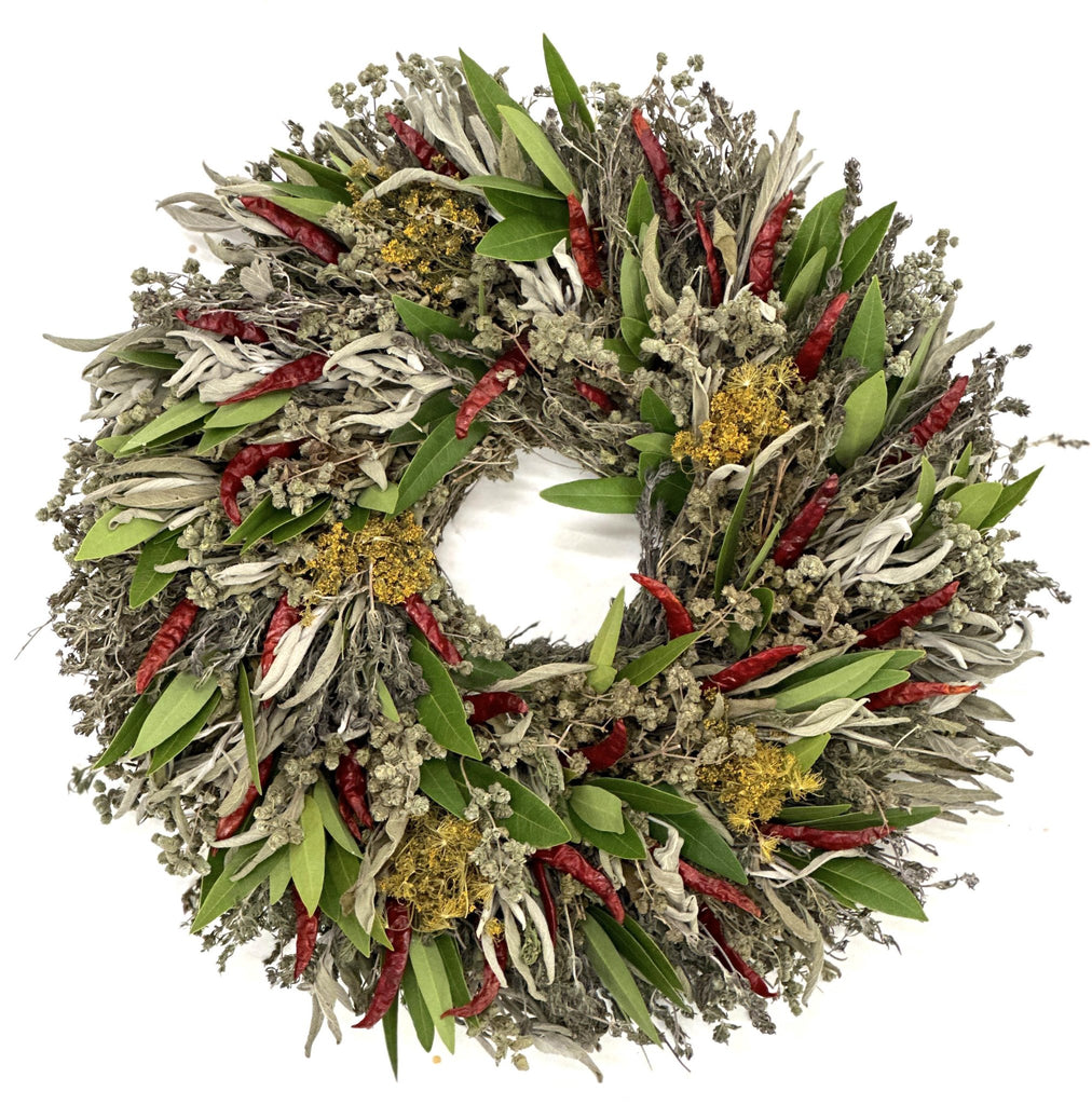 Chili Herb Wreath - Creekside Farms Natural wreath with dried savory, sage, dill, oregano, chilis and fresh bay 16" or 18"