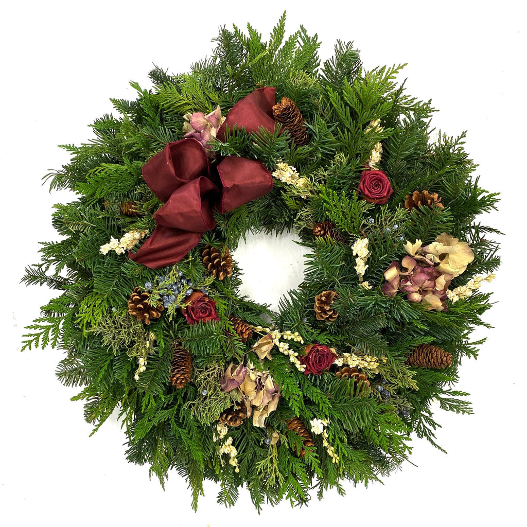Christmas Rose Wreath - Creekside Farms Beautiful fresh mixed greens, hydrangea, Larkspur, pine cones & freeze-dried roses wreath 22"