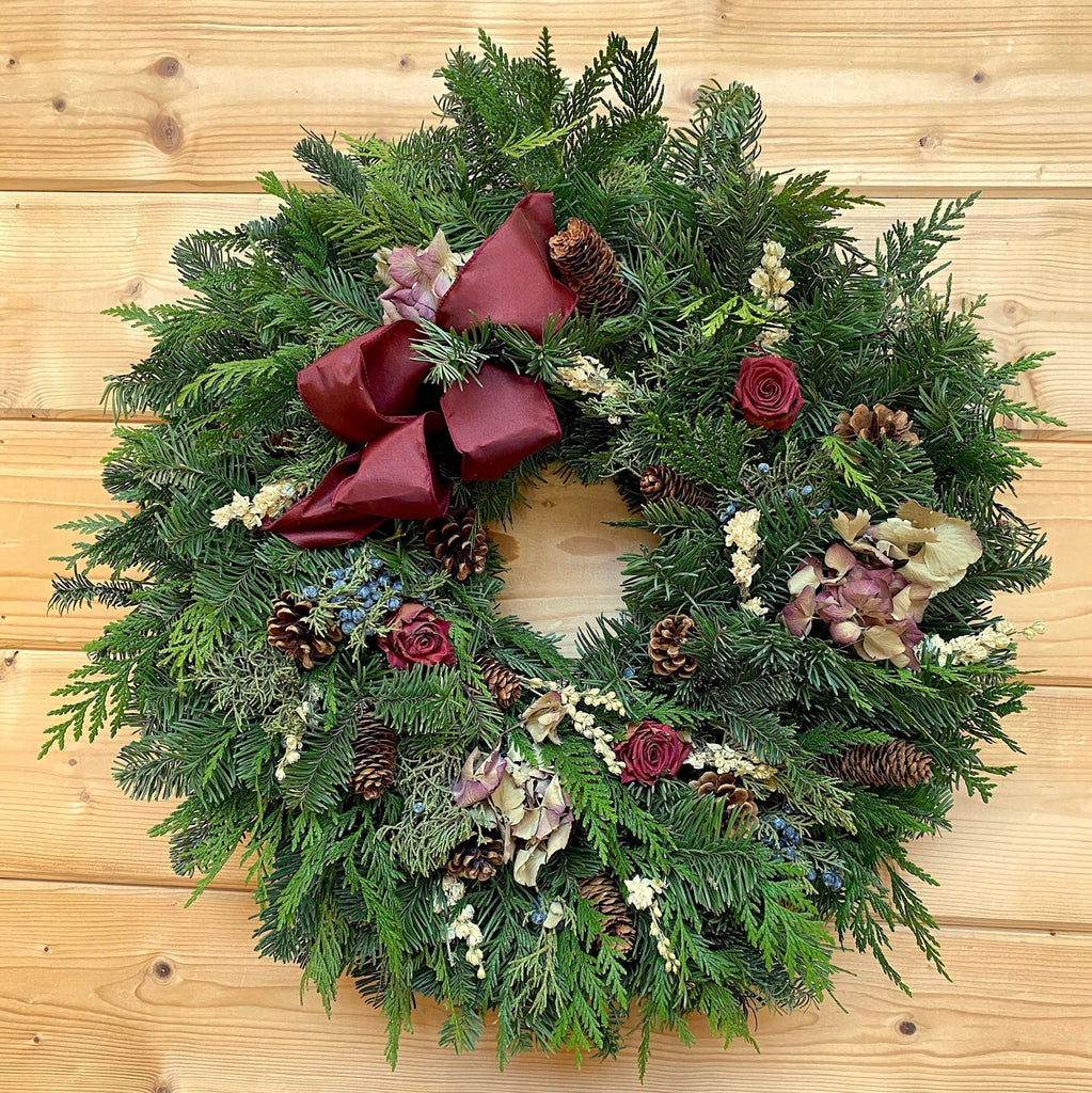 Christmas Rose Wreath - Creekside Farms Beautiful fresh mixed greens, hydrangea, Larkspur, pine cones & freeze-dried roses wreath 22"