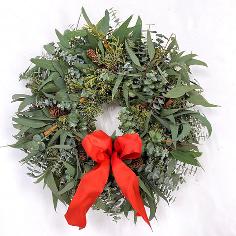 Cinnamon Pine Cone Wreath - Creekside Farms Fragrant eucalyptus, juniper with pine cones, cinnamon sticks & red bow wreath 18"