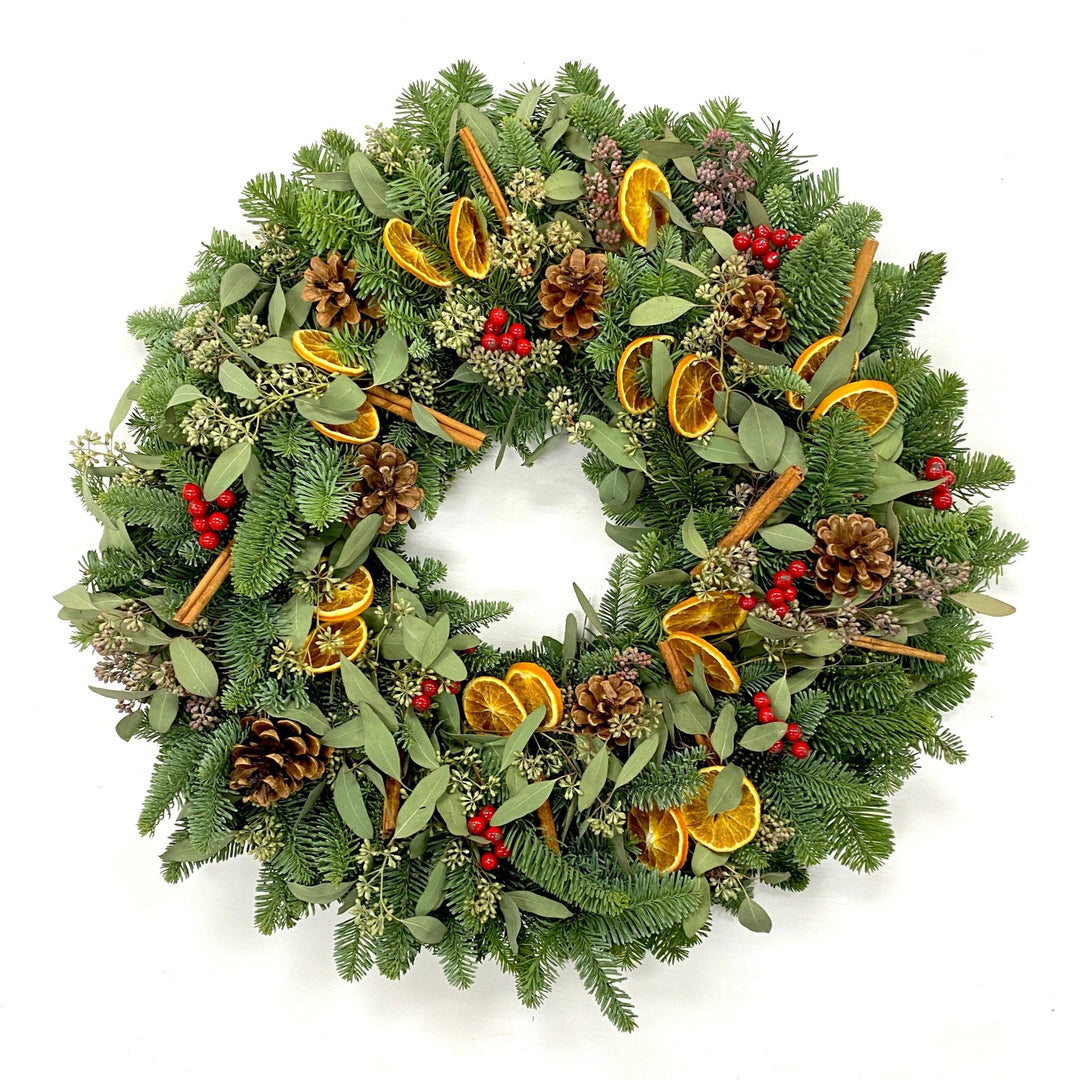 Citrus Berry Wreath - Creekside Farms Stunning fresh & fragrant greens, citrus slices, cinnamon, pine cones wreath 20"/26"