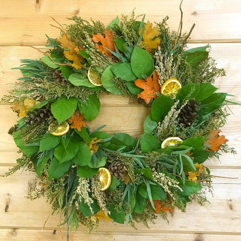 Citrus Harvest Wreath - Creekside Farms Stunning fresh eucalyptus & salal with citrus slices, pine cones, broom corn & leaves wreath 20" & 22"