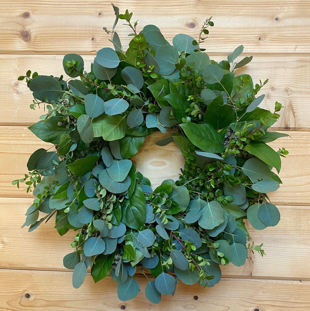 Classic Elegance Wreath - Creekside Farms Enjoy the classic look of fresh eucalyptus, boxwood, and salal greens wreath 18"