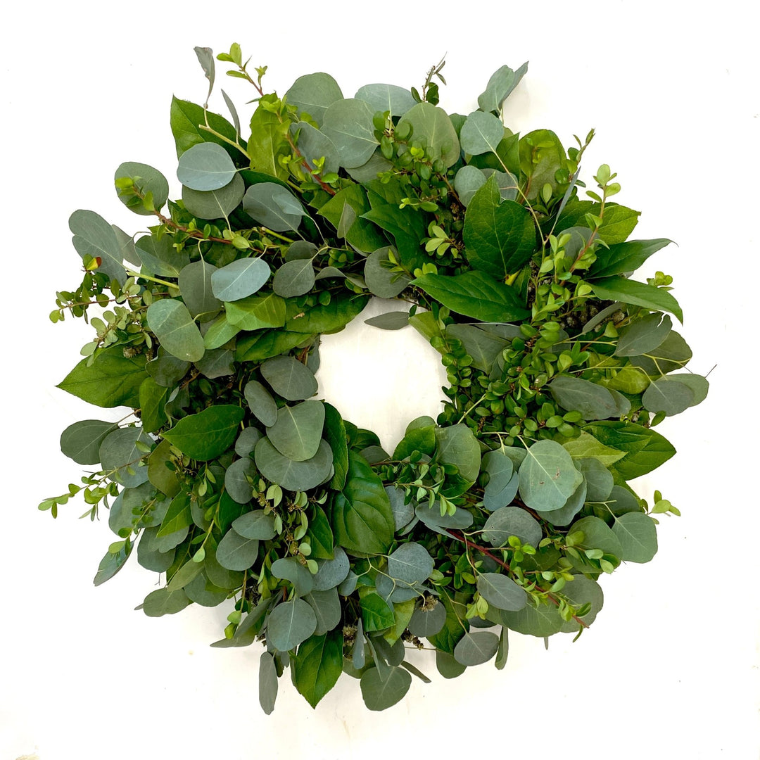 Classic Elegance Wreath - Creekside Farms Enjoy the classic look of fresh eucalyptus, boxwood, and salal greens wreath 18"