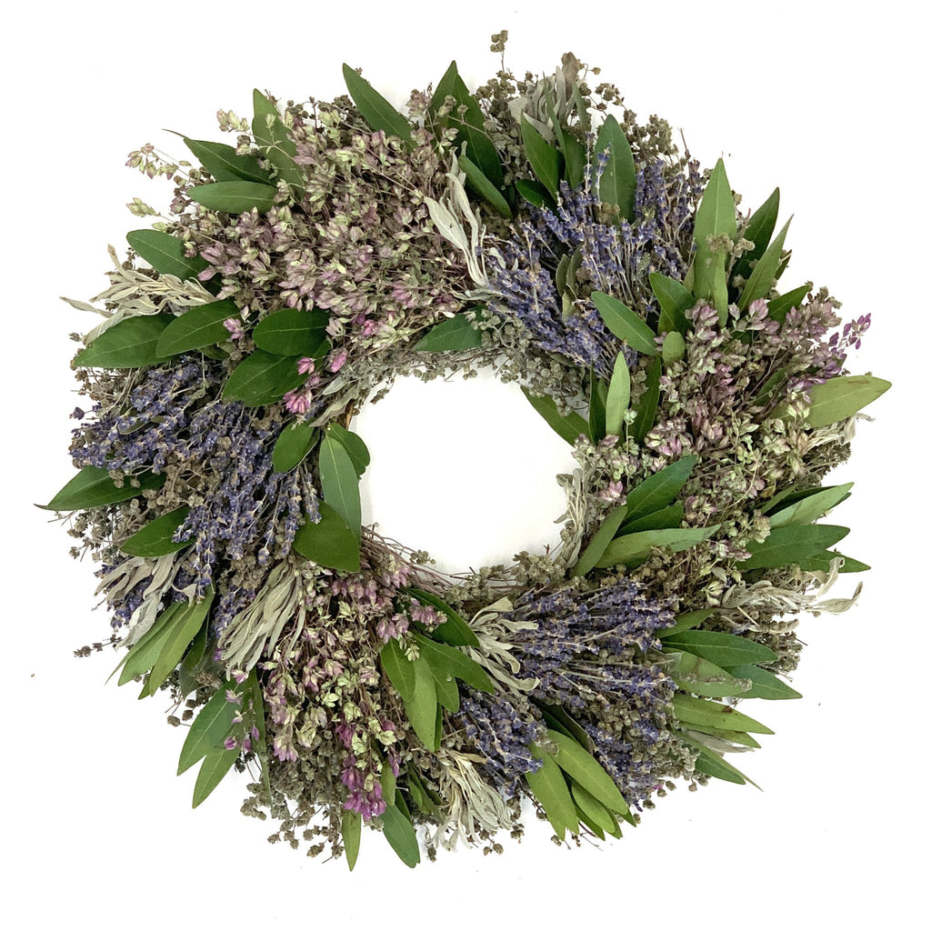 Classic Herb Wreath - Creekside Farms Fragrant dried marjoram, savory, sage, lavender, Oregano and fresh bay wreath 18"