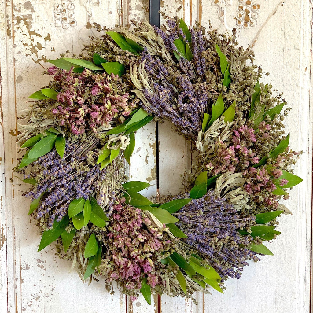 Classic Herb Wreath - Creekside Farms Fragrant dried marjoram, savory, sage, lavender, Oregano and fresh bay wreath 18"