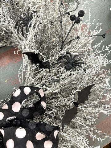 Creepy Halloween Wreath - Creekside Farms Spooky Halloween wreath with spiders, bats and black berries on a ghostly artemisia base wreath 20"