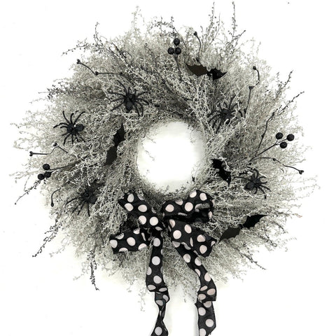 Creepy Halloween Wreath - Creekside Farms Spooky Halloween wreath with spiders, bats and black berries on a ghostly artemisia base wreath 20"