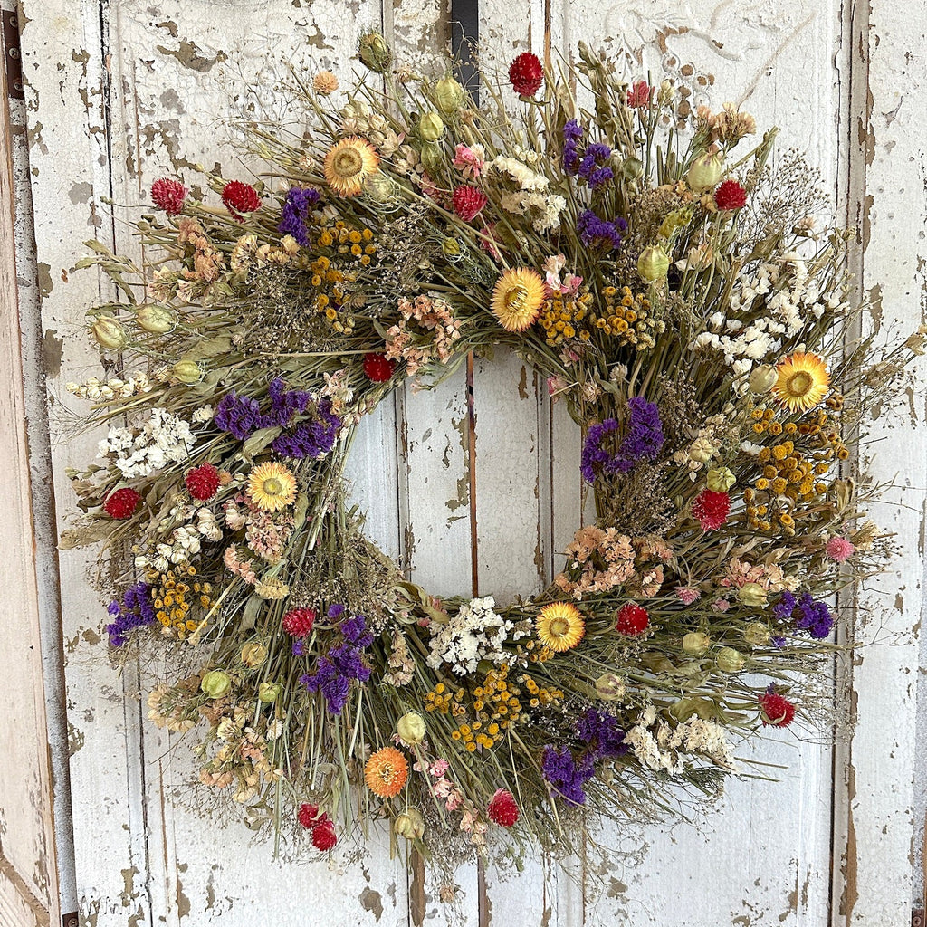 Earth Day Botanical Wreath - Creekside Farms Handmade with tansy, strawflowers, herbs, and grasses dry, natural wreath 18" or 22"